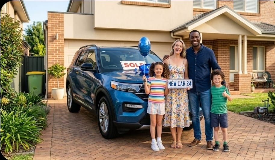 Happy family with new vehicle